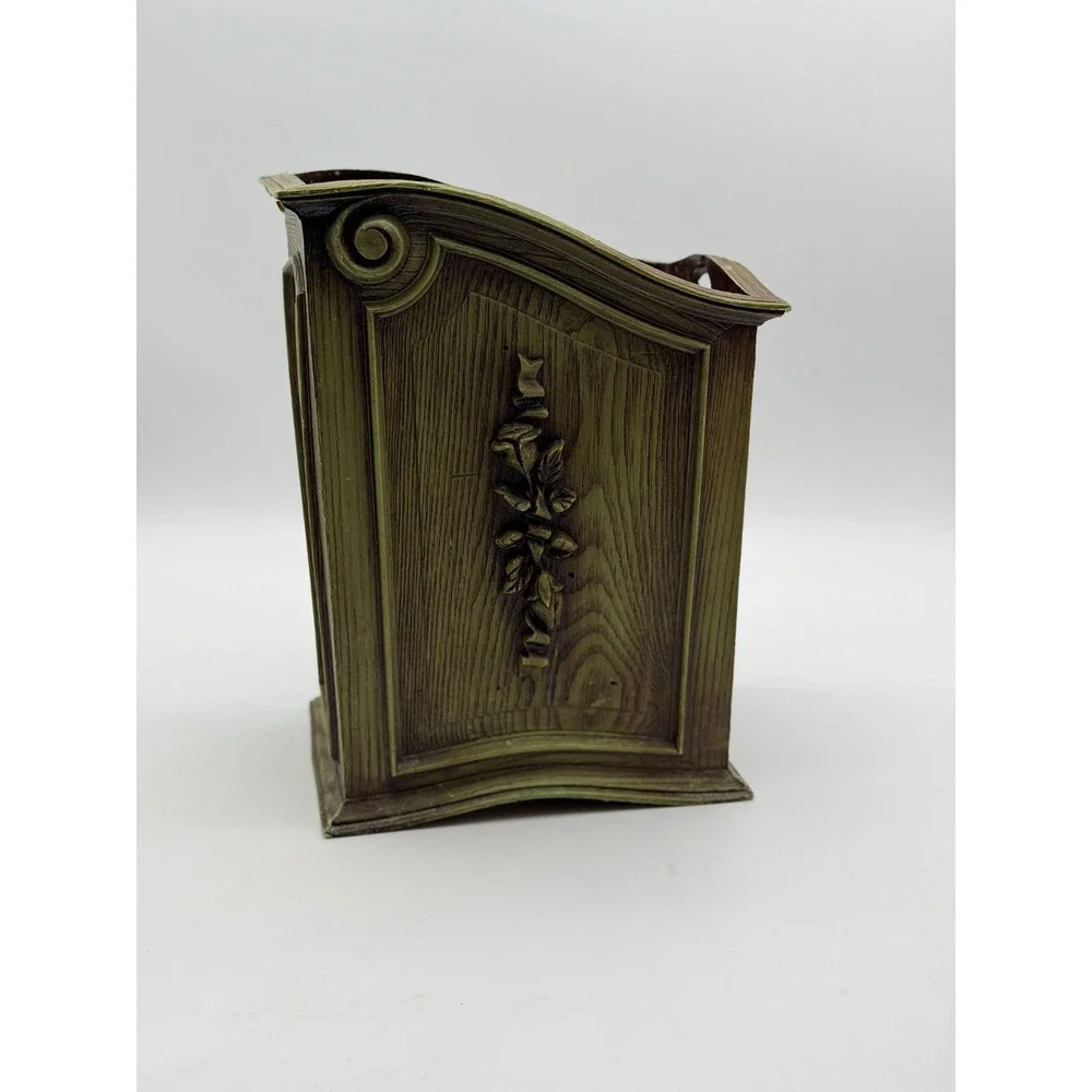 Vintage French Provincial Faux Wood Rose Floral Green MCM Trash Basket  Planter